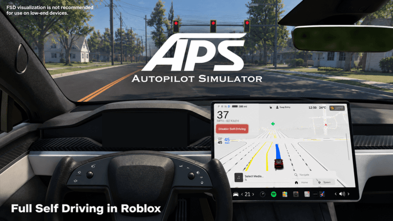 In-car dashboard view in Autopilot Simulator showing the FSD touchscreen visualization, official Roblox promo screenshot